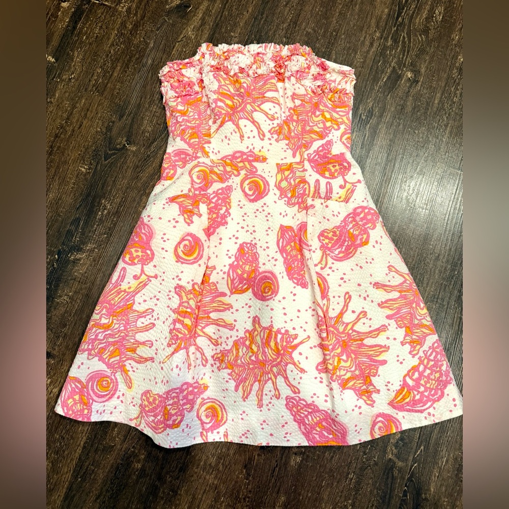Lilly Pulitzer ferra ruffle strapless dress in white pink conched out print, 4.